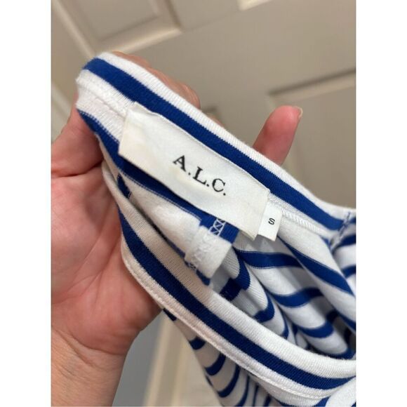 A.L.C. White Blue Striped Knit Long Sleeve Knotted Open Back T-Shirt Dress - Picture 2 of 5